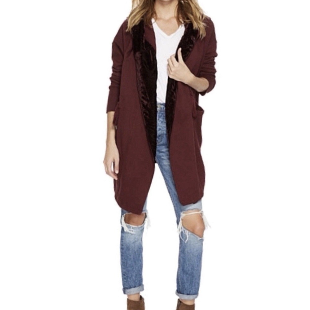 Free People Sweater Westwood Cardigan Sz S Hooded Velvet Trim Oversized Burgundy